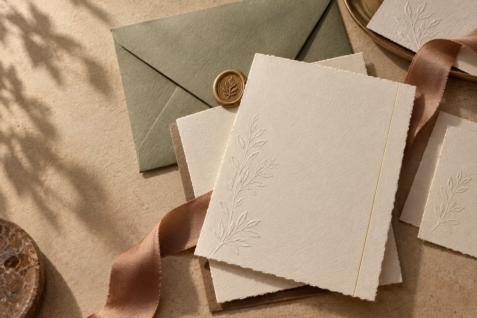 Papéis finos e envelope verde sálvia