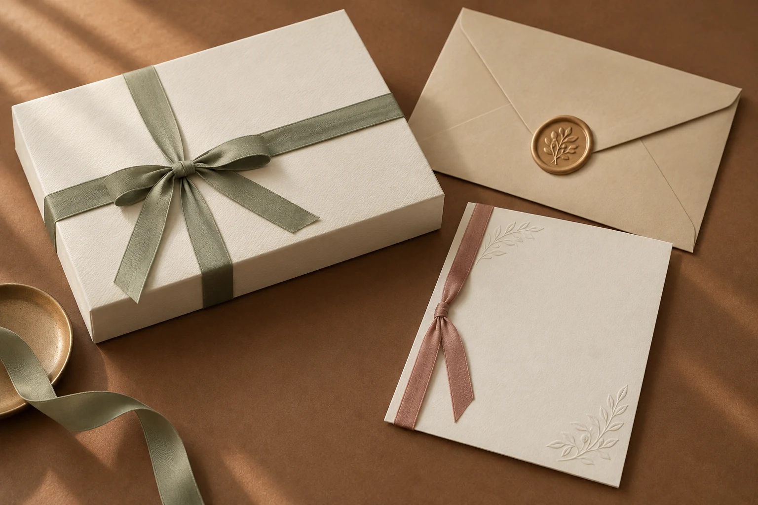 Composição ilustrativa de caixa, envelope e papelaria